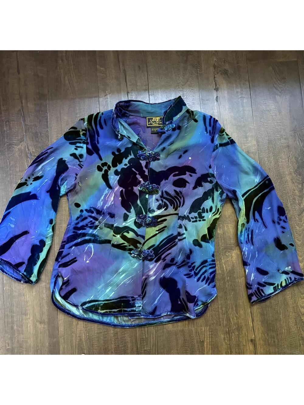 Vintage Watercolor Blouse Top Oriental OTOC Velvet Silk Buttons Up Top Womens S